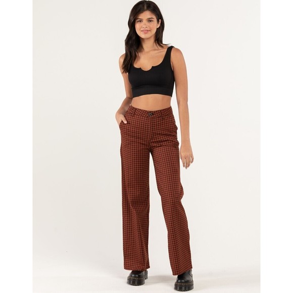 Brixton Pants - Brixton Capitol Wide Leg Pants Womens 27 Plaid Check Orange Black High Rise